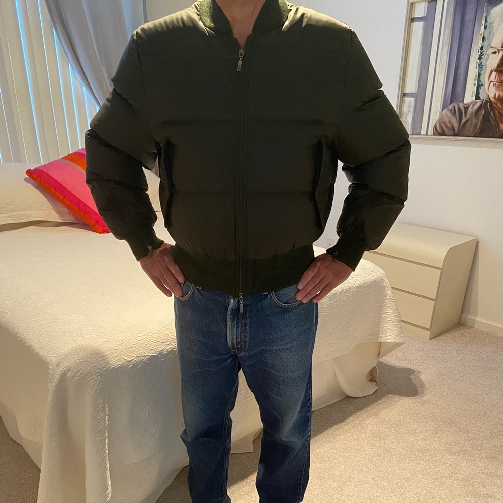 Men’s Moncler “baseball” style down puffer jacket.